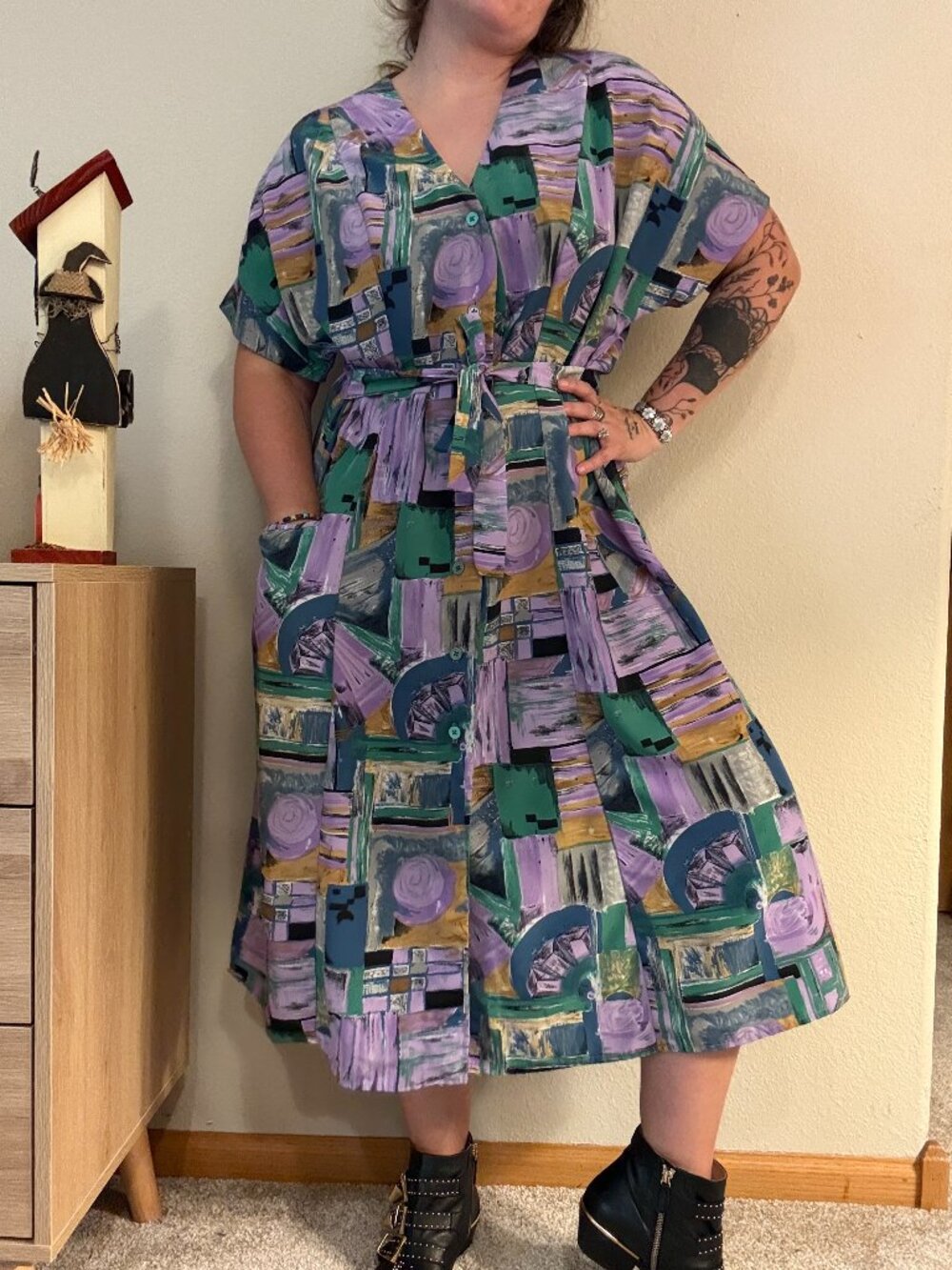 Vintage Handmade Purple Abstract Printed Belted Shirtdress 1X